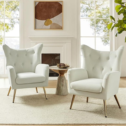 HULALA HOME Velvet Accent Chair Set of 2 Modern Wingback Arm Chair with Metal Gold Legs Velvet Tufted Upholstered Single Sofa(Ivory)