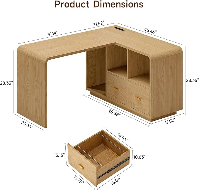 ONBRILL 58 Executive L Shaped Desk Home Office Desk with File Drawers Computer Desk with Power Outlets and Storage Shelves Corner Computer for Home Office (Natural Oak)