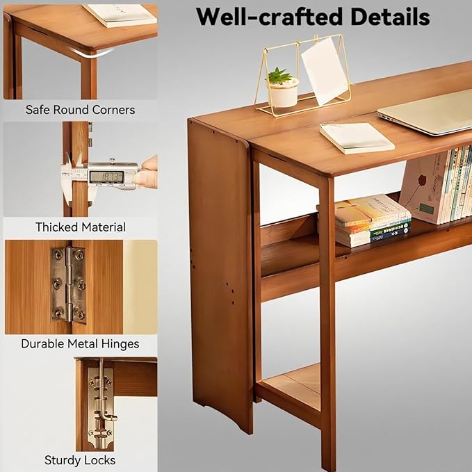 41'' Bamboo Folding Desk with Bookshelf – Space-Saving Computer Desk for Small Spaces Foldable Study Table Mid Century Modern for Home Office &amp Bedroom - Brown