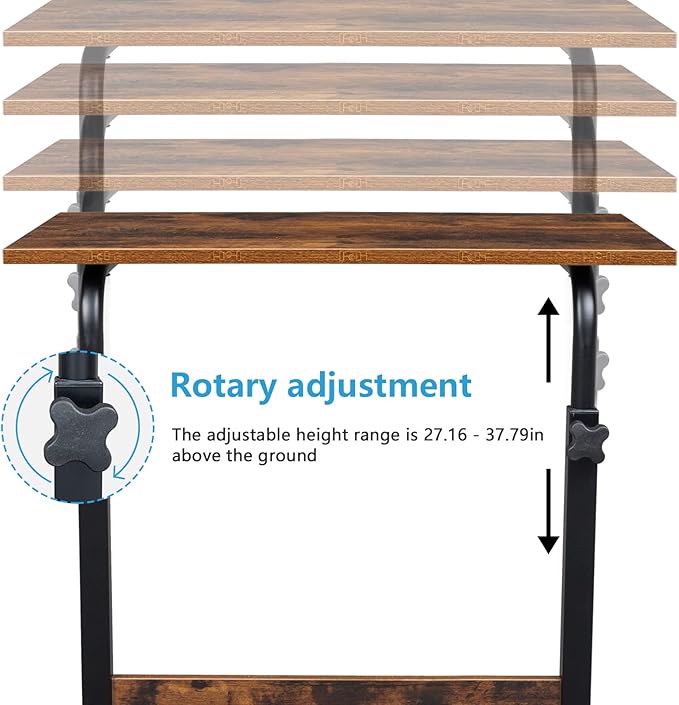 Side Mobile TableComputer Desk with Wheels Height Adjustable Rolling Potable Laptop Cart C-Shaped Bed Couch End Tables for Living Room Bedroom (Retro M)