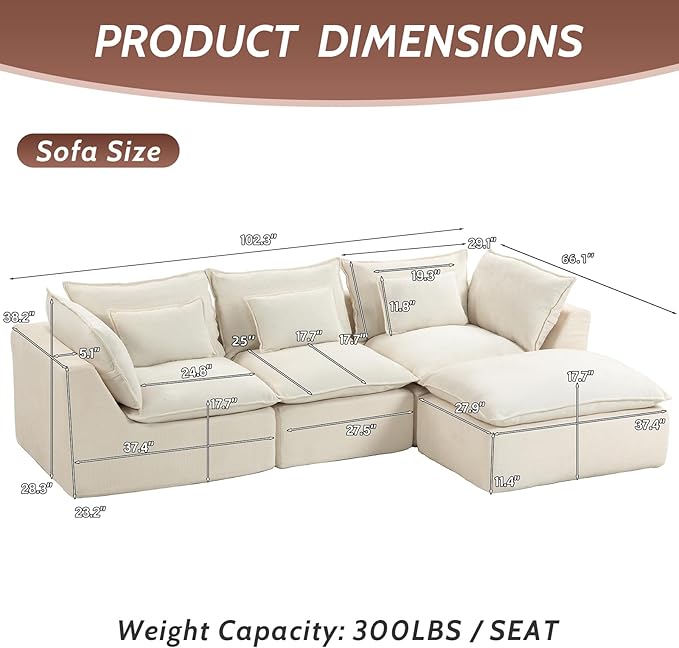 102 Cloud Sectional Sofa with Ottoman Waffle Knit Boneless Couch for Living Room Deep Seat Modular Foam Sofa Anti-Sagging 3-Seater SetWhite