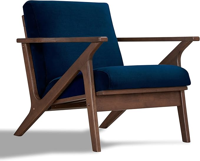 Zola Mid Century Modern Accent Chair Arm Chair: The Perfect Reading Living Room and Bedroom Chairs for Modern Home Furniture Use! Solid Wood Frame Blue Velvet/Walnut