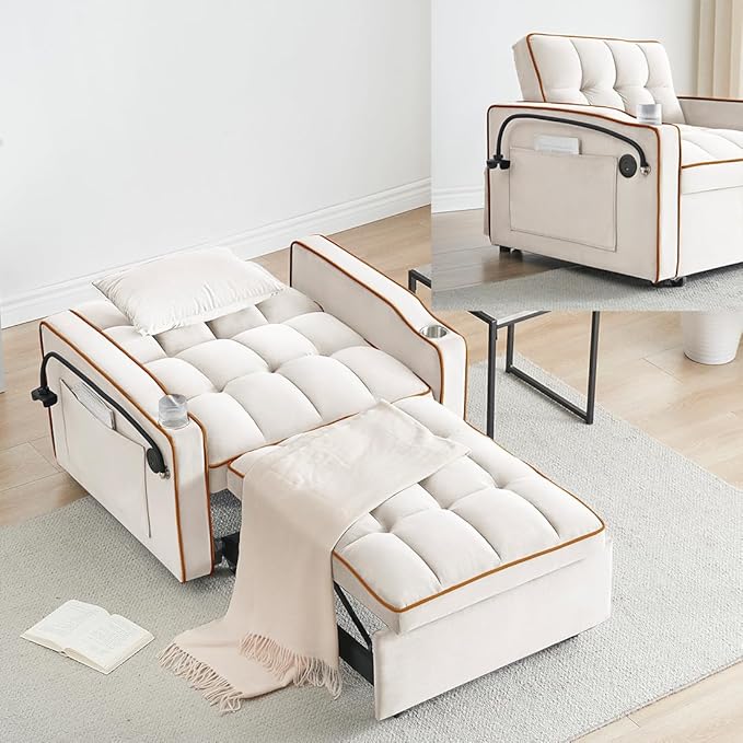 3 in 1 Convertible Sleeper Chair Modern Pull Out Couch Bed Single Recliner with Adjustable Back Velvet Futon Folding Sofa Bed Chair for Living Room Bedroom Small Spaces (Creamy White-2)