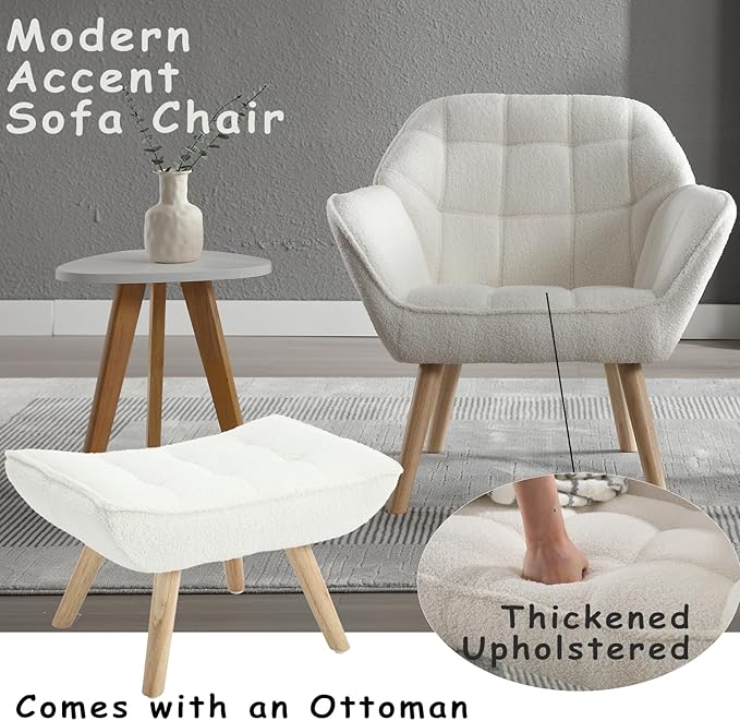 Sherpa Accent Reading Chair with Ottoman Modern Fuzzy Chair with Ottoman Upholstered Armchair with Wood Legs Comfy Lounge Chair for Small Spaces Living Room Bedroom Book Nook White