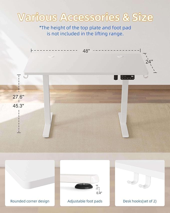YIHAYO Electric Standing Desk 48 x 24 Inches Stand Up Desk with Splice Board Adjustable Height Desk Computer Desk for Home Office White Frame/White Top