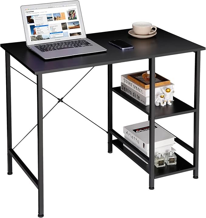 Home Office Desk Study Writing Computer Desk with 2 Storage Shelves Small Industrial Modern Simple Style Laptop Table for Home Office Study Bedroom Gaming (36 Inch Black)