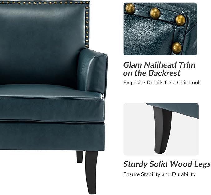 HULALA HOME Modern Faux Leather Accent Chair Comfy Upholstered Sofa Chair with Nailhead Trim Living Room Bedroom Armchair with Wood Legs Turquoise