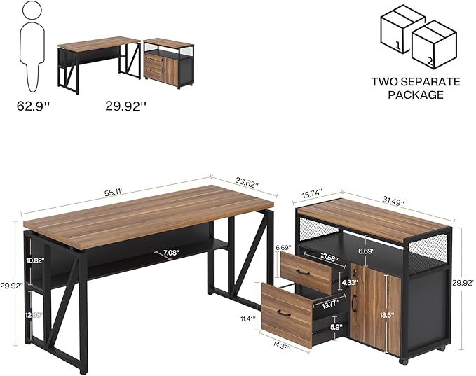 Tribesigns 55-inch L Shaped Desk with Drawer Cabinet Executive Computer Desk and lateral File Cabinet 2 Piece Home Office Furniture with Drawers for Hanging File Doors with Locks (Brown 55 inches)