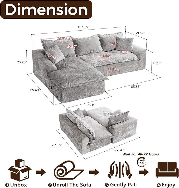 103”Modular Sectional SofaUpholstered Boneless Couch for Living Room BedroomModern Modular L-Shaped Chaise CouchCloud Sectional Sofa with Deep Seat (Light GrayLeft Facing Chaise)