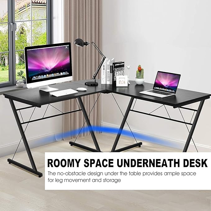 GRAFFY L-Shaped Computer Desk - Gaming Corner Workstation with Large Monitor Stand Round Corner Multifunctional Home Office Desk (Black)