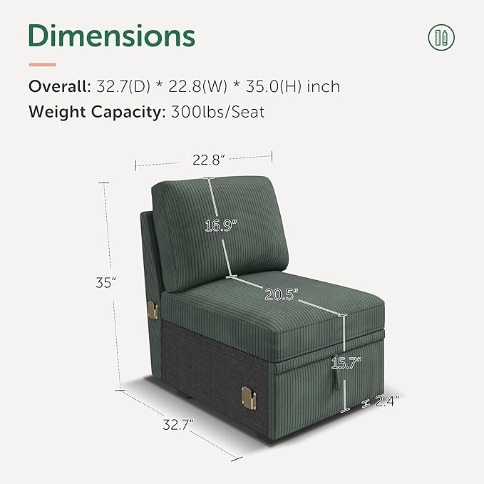 HONBAY Single Seat for Modular Sectional Sofa Customizable Armless Chair for Sectional Sleeper Sofa Velvet Green