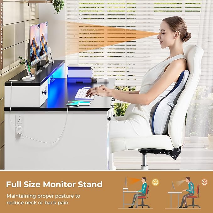 BTHFST Executive Desk with File Drawer Computer Desk with Monitor Stand Home Office Desk with Drawers &amp Storage Cabinet Writing Desk with Charging Station &amp LED Lights White