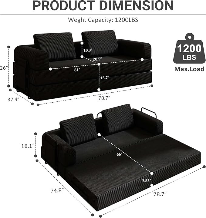 Convertible Sleeper Sofa Bed 3-Seat Corduroy Futon Couch with Cylindrical Pillow Foldable Mattress for Living Room &amp Bedroom 79 Inch Multi-Functional Sofa (Black)