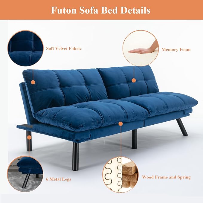 Anwick Futon Sofa Bed Velvet Convertible Futon Sleeper Couch 71 Sleeper Sofa Bed with Adjustable Backrest Modern Loveseat Couch for Compact Living Room Apartment Office (Blue)