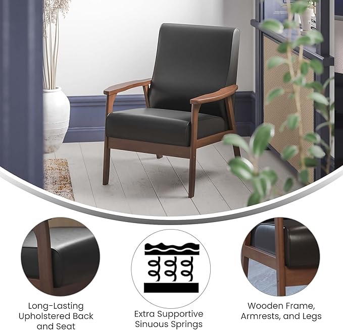 Flash Furniture Langston Commercial Mid Century Modern Chair - Black LeatherSoft Upholstery - Walnut Finish Wooden Frame and Arms - Extra Supportive Sinuous Springs