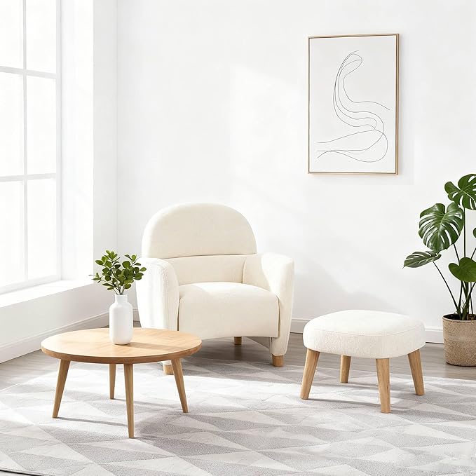 Modern Barrel Chair with Ottoman Upholstered Armchair with Wooden Legs Backrest Single Sofa Soft Cushion Seating Comfy Lounge Chair for Living RoomBedroomReading Corner (White)