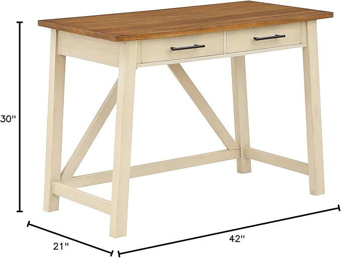 OSP Home Furnishings Milford Rustic 42 Inch Writing Desk with 2 Drawers and Burnished Decorative Hardware Antique White