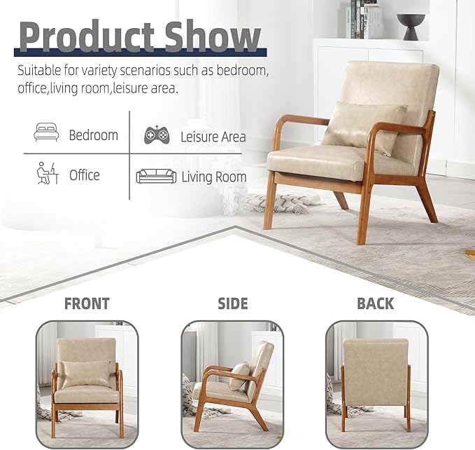 Modern Accent Chair Solid Wood Padding Lounge Armchairs with One Pillow for Living Room Bedroom Guest Room (Khaki PU)