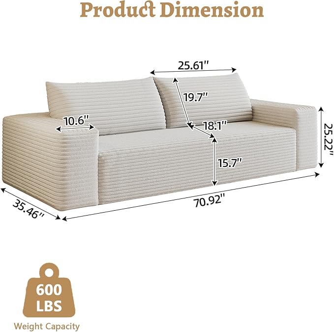 Boneless Sofa Compressed Sofa Couch in a Box Deep Seat Couch for Living Room Bedroom Conference Room Apartment Backrest Pillow No Assembly (White 71)
