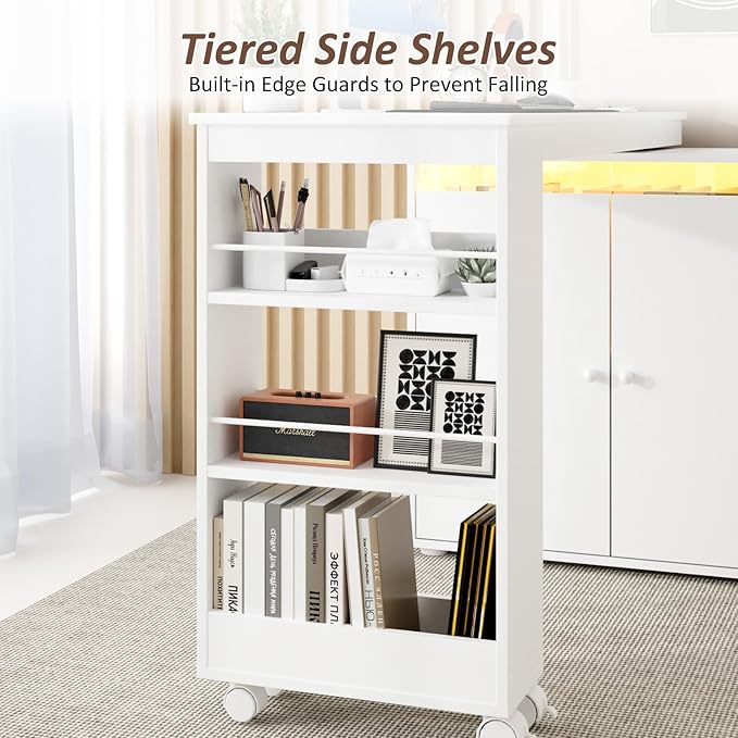 53 L-Shaped Computer Desk Rotating Home Office Desk with Storage Cabinet &amp Drawer Modern Study Writing Table with LED Light Reversible Corner Desk Small Space &amp Bedroom Workstation White
