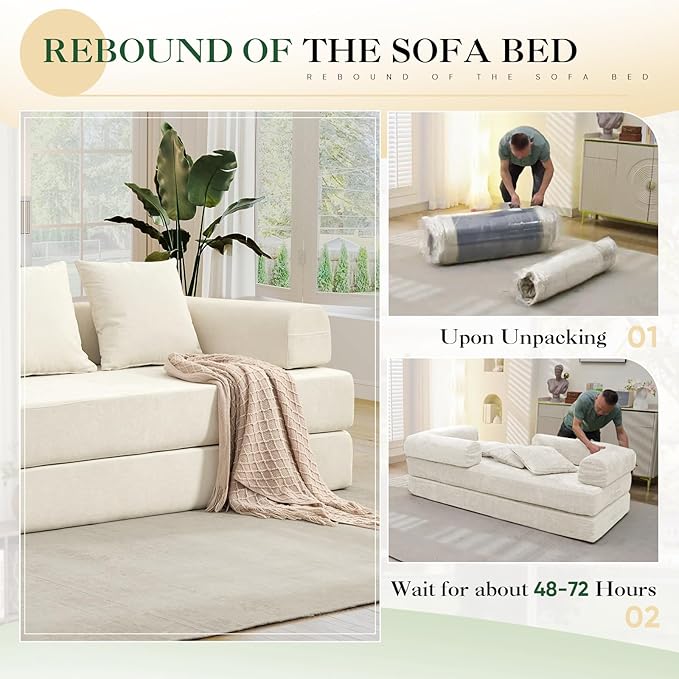 3 in 1 Convertible Futon Sofa Bed Modern King Size Chenille Loveseat Sleeper Sofa Folding 3-Seater Foldable Lounger Couch Bed for Living Room Bedroom Guest Room (Beige 3 Throw Pillows)