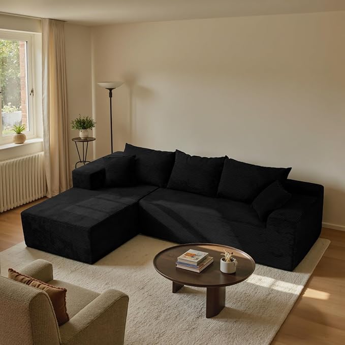 Black Sectional Couches for Living Room Boneless Couch with L-Shape Chaise Modular Sofa in Box with Deep Seat No Assembly Required