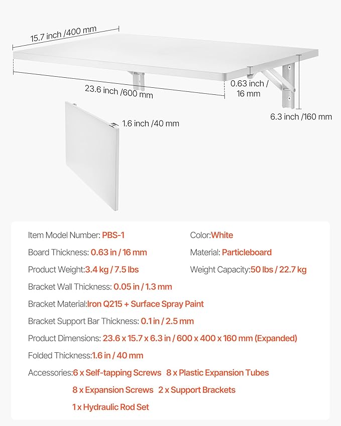 VEVOR Wall Mounted Folding Table 23.6 x 15.7 inches Wall Mount Table Floating Desk with Iron Bracket for Small Spaces Home Office Dining Laundry Room Kitchen Bar White