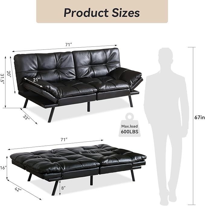 71 Convertible Futon Sofa BedBright Black Faux Leather Futon CouchMemory Foam Reclining Sleeper Sofa BedModern Folding Small Loveseat Couches for Living RoomOfficeApartment
