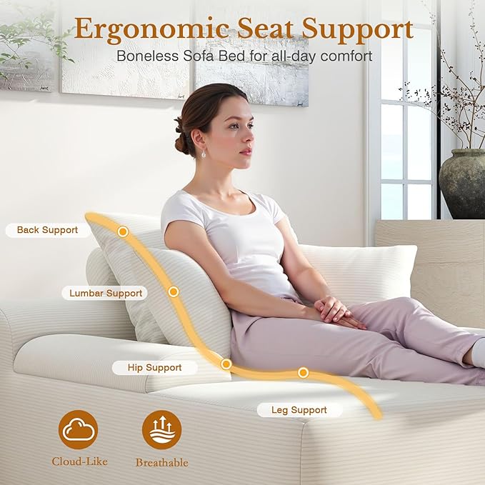 70 Chaise Lounge Chair Indoor Corduroy Upholstered Boneless Sofa Bed Couch with Armrests and 3 Pillows Cloud Sleeper Sofa Chair Couches for Living Room Bedroom No Assembly Required (Beige-70)