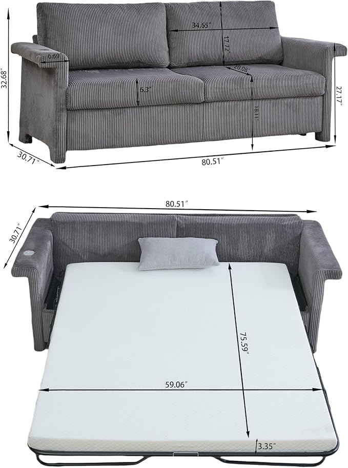 Full Size Sleeper Sofa Bed Pull Out Couch with Queen Size Memory Foam Mattress 2-in-1 Convertible Corduroy Loveseat Sleeper for Small Apartment USB Charging (Gray)