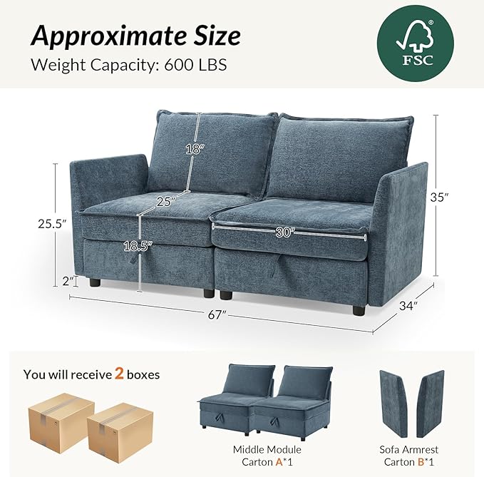 HULALA HOME 67'' Modern Chenille Loveseat Sofa 2 Seater Couch with Storage Comfy Deep Seat Small Loveseat Couches for Living Room Furniture with Pillows Easy to Install Blue