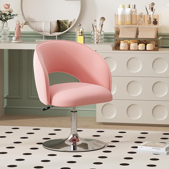 Furniliving Vanity Chair Contemporary Height Adjustable Round Velvet Back Tilt Swivel Accent Chairs 360° Swivel Makeup Chair with Chrome Frame Charming Stool Lounge Pub Bar (Pink)