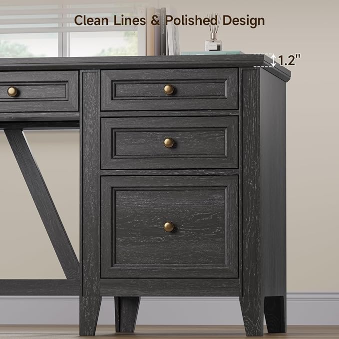 ONBRILL 54 Inch Farmhouse Executive Desk Computer Desk with Storage Drawers &amp File Drawer Modern Home Office Desk with Charging Station for Working Studying Writing Brown (Black)
