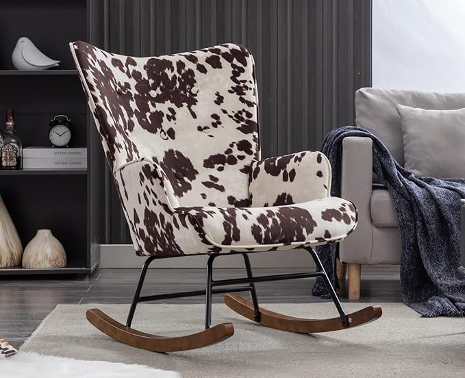 EALSON Nursery Rocking Chair Fabric Upholstered Rocker Chair Tufted Wingback Accent Chair with Wooden Base Modern Comfy Lounge Armchair for Bedroom Living Room Cow