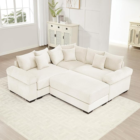 79.2 Oversized Modular Sectional Sofa Corduroy Large Sectional Couches for Living Room Love Seat Couches with 1 Movable Ottoman Modern Deep Seat Sofa Set with Chaise White
