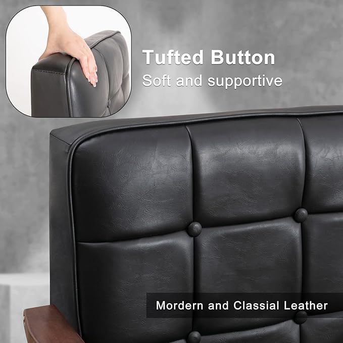 Okeysen Mid Century Modern Accent Chair Retro Wood and Leather Armchairs Side Chair Lounge Reading Comfy Arm Chair for Living Room Bedroom Office (Matte Black)