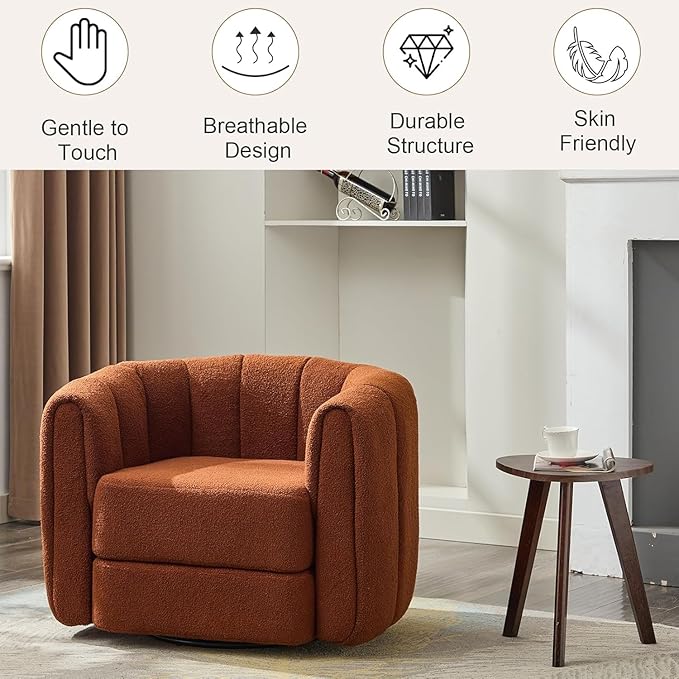 Swivel Accent Chairs for Living Room Teddy Fabric 360 Degree Round Swivel Barrel Armchair Pumpkin Shaped Single Club Sofa Recliner Chairs for Home Bedroom Apartment Office (Brown)