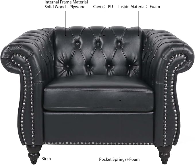 Oversized Chesterfield Chair PU Leather Accent Chair with Tufted Back Club Chair for Living Room Bedroom Gothic Victorian (Black)