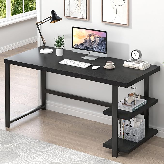 EXCEFUR Black Desk Modern Computer Desk for Home Office Metal Wood Writing Study Table Workstation with Storage Shelf for Living Room Bedroom 53 Inch