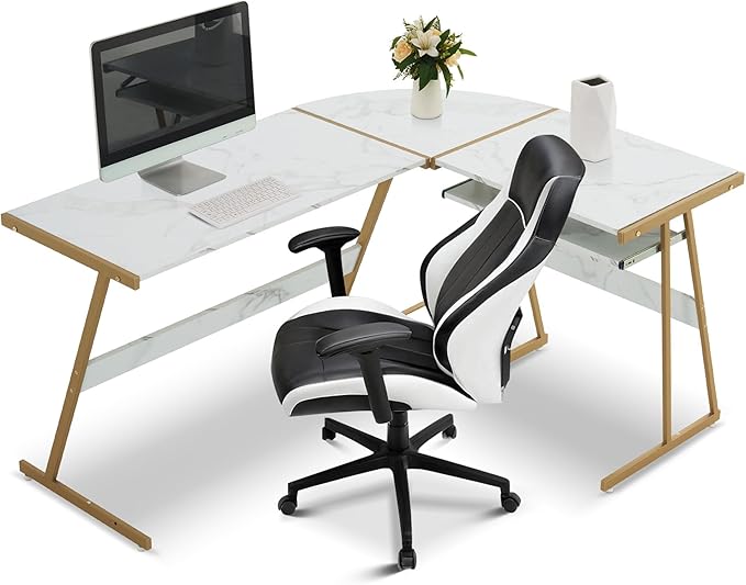 ivinta L Shaped Gaming Desk 58 Modern Corner Computer Desk with Keyboard Tray &amp CPU Stand for Small Spaces Home Office &amp Living Room 7112 (White &amp Gold)