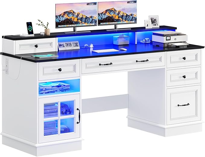 BTHFST Executive Desk with File Drawer Computer Desk with Monitor Stand Home Office Desk with Drawers &amp Storage Cabinet Writing Desk with Charging Station &amp LED Lights White