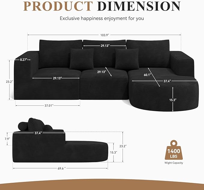 Modular Sectional Sofa with L-Shape ChaiseCloud Sectional Modern Sleeper Couch with Deep SeatSponge Compression Sofas No Assembly Required(Black-Corduroy Fabric) 1PCS