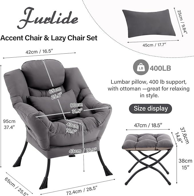 Lazy Chair with Ottoman Comfy Fabric Accent Lounge Arm Chair with Lumbar Pillow and Folding Footrest Reading Leisure Sofa Armchair for Bedroom Living Room DormDark Grey