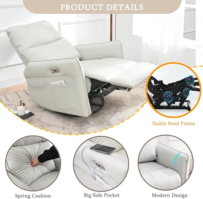 Power Swivel Rocker Recliner Chair for Nursery Upholstered 270° Swivel Glider Rocker Chair with USB Ports Small Power Recliners for Small Spaces Living Room (Light Grey)