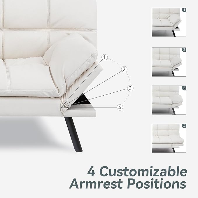 Futon Sofa Bed Convertible Couch White Faux Leather Sofa Bed with Memory Foam Adjustable Backrest &amp Armrests Multifunctional Small Loveseat Sleeper Sofa for Living Room Apartment Office
