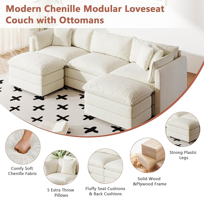 Setawix Deep 3 Seater Couch with Ottomans112.2 U-Shaped Cloud Couches for Living RoomChenille Cloud Sofa Couch with Deep SeatModular Sectional U Shape 3 Seat Sofa for Bedroom (Beige 3+2)