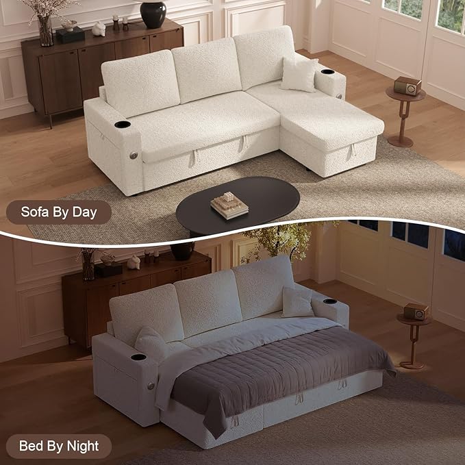 Sleeper Sofa Bed 4-in-1 Pull Out Couch with Reversible Chaise | Dual USB &amp Type-C Charging | Dual Cup Holders | Layered Storage (Armrest + Chaise) for Living Room Apartment Home Office (White)