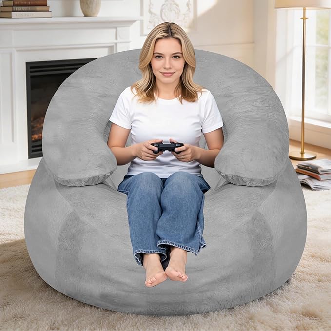 HABUTWAY Giant Bean Bag Chair Oversized Beanbag Chair with Filler Ultra Soft Faux Fur Bean Bag Lounge Floor Sofa w/U-Shaped Pillow for Gaming Reading Light Grey &amp Light Grey