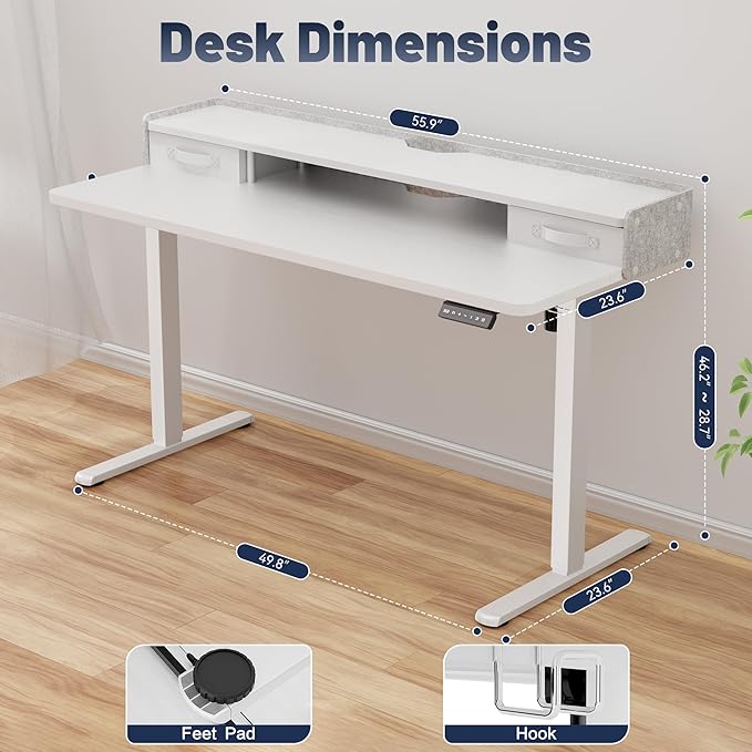 YESHOMY 55 x 23 Electric Standing Desk with 2 Drawers Height Adjustable Computer Desk Low Noise Home Office Stand Up Desk with 2 Preset Heights &amp 2 Hooks White