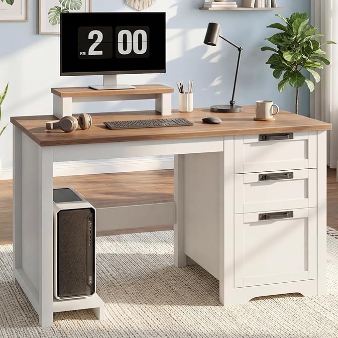 47.2”Farmhouse Computer Desk with Adjustable File Drawer 3 Drawers Reversible Executive Desk with Movable Monitor Stand &amp PC Case Stand Workstation for Home Office Study Writing Unique White